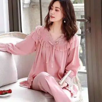2023 Sonbahar ve Kış Yeni Kadın Pijama Pamuk İpek Uzun Kollu Gevşek artı Boyutu Gecelik Rahat Gevşek Kıyafet