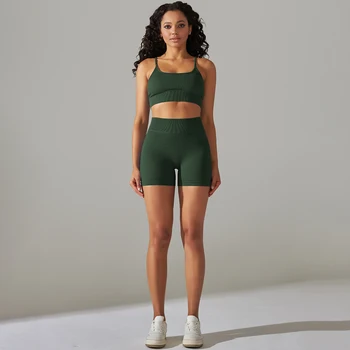 Kadın Spor Yoga Seti Spor Giyim Seksi Kırpma Üst Sutyen Eşofman şort takımı Yüksek Bel Dikişsiz Tayt Spor spor takımları