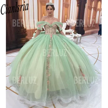 Adaçayı Yeşil Seksi Sevgiliye Quinceanera Elbise Tatlı 15 2024 Kapalı Omuz Aplikler Dantel Tül Vestidos De 15 Anos Balo