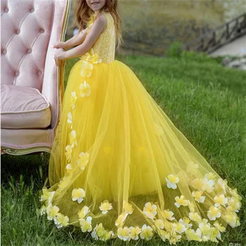Çiçek Kız Elbise Sarı Renk Aplike Doğum Günü İlk Communion Elbise Kız Çocuk Akşam resmi giysi Önlük