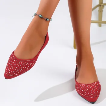 Kadın Sığ Sivri Burun Ayakkabı Kadın Sonbahar Düz Renk süet ayakkabı Bayanlar Rahat Parlak Kristal Tek Ayakkabı üzerinde Kayma Boyutu 43