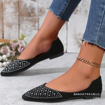 Kadın Sığ Sivri Burun Ayakkabı Kadın Sonbahar Düz Renk süet ayakkabı Bayanlar Rahat Parlak Kristal Tek Ayakkabı üzerinde Kayma Boyutu 43