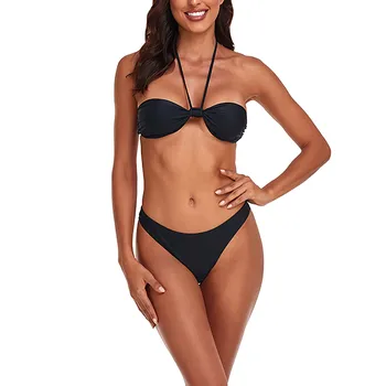 Seksi İki Parçalı Bikini Setleri Mayo Kadınlar İçin İnce Halter Strappy Bandeau Mayo Dize Siyah Bikini Mayo Banyo Plaj Kıyafeti