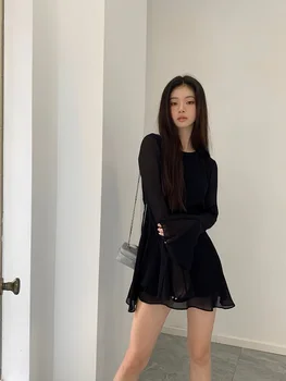 Yaz Uzun kollu Siyah Elbise kadın Seksi Aç Geri Elbise Yüksek Dereceli Bağcık İnce Kısa Zarif Siyah Elbise