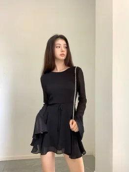 Yaz Uzun kollu Siyah Elbise kadın Seksi Aç Geri Elbise Yüksek Dereceli Bağcık İnce Kısa Zarif Siyah Elbise