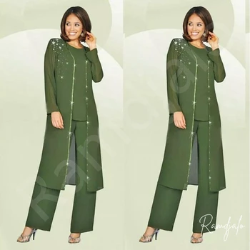 Anne Uzun Ceket ile Düğün için Gelin Damat Elbiseler Pantsuits Kurti 3 Parça Zeytin Yeşil Vestido De Madrinha Farsali