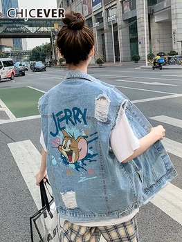 CHICEVER Patchwork Anime Desen Ceketler Kadınlar Için Yaka Kolsuz Tek Göğüslü Kore Gevşek Yırtık Kot Ceketler Kadın
