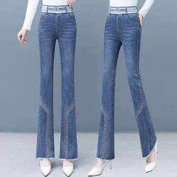 2023 İlkbahar Yaz Yeni Moda Trendi Elastik Bel Mikro Pamuk Kot Kadın Elastik Yüksek Bel İnce Rahat Alevlendi uzun pantolon