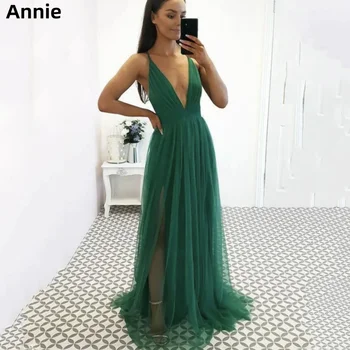 Annie Derin V Boyun balo kıyafetleri Tül Yeşil Parti Elbiseler A şeklinde 2023 Bayanlar Elbise Vestidos De Noche فساتين للحفلات الراقصة