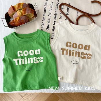Bebek yazlık t-shirt 2023 Yaz Çocuk Kolsuz Tee Moda Mektubu Baskılı Üstleri Erkek Bebek 0-4Yrs Çocuk T-shirt Gülen Yüz Üst