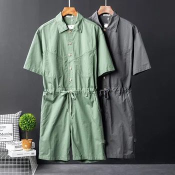Yeni Yaz Kısa Kollu Tulum Erkek Tulum Rahat Düz Renk Düğmeler İpli Yüksek Bel Moda Gri Yeşil Şort Pantolon
