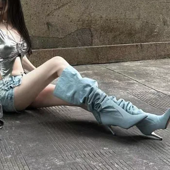 Sivri Burun Ince Topuklu Kat Bota Feminina Amerikan Tarzı Şövalye Çizmeler kadın ayakkabıları Üzerinde Kayma Yeni Botas Mujer Punk Savaş Botines