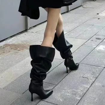Sivri Burun Ince Topuklu Kat Bota Feminina Amerikan Tarzı Şövalye Çizmeler kadın ayakkabıları Üzerinde Kayma Yeni Botas Mujer Punk Savaş Botines