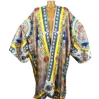 2024 Avrupa kimono Kadın Hırka Dikiş kaftan Kokteyl Sexcy Boho Plaj Cover up Elbise Afrika Tatil Uzun Kollu Elbise