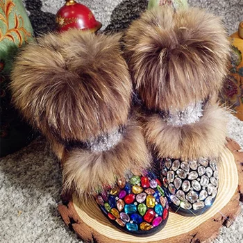 Sonbahar ve kış yeni el-boyalı elmas lüks tilki taş inek derisi kadın ayakkabısı ayakkabı pamuk kar botları