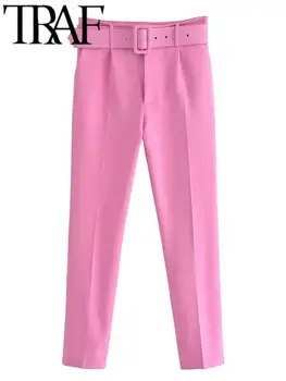 TRAF FANLAR 2023 Kadın Sonbahar Ofis Takım Elbise Kemer Pantolon Katı Yama Cepler Uzun Kollu Fit Ceket 2 Parça Setleri Kadın Kıyafetleri