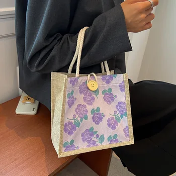 Çiçek Baskı Çuval Bezi Tote Çanta Kadın Keten Tote Shopper Çantalar Yaz Plaj Çanta Taşınabilir Eko Üst Kolu alışveriş çantası