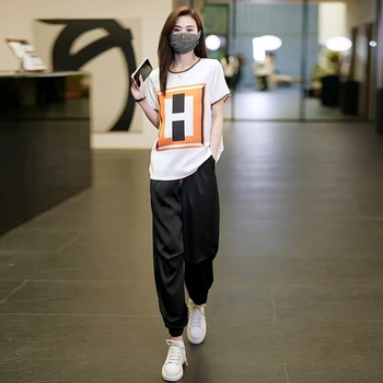 Yaz Kıyafeti Rahat Eşofman İki Parçalı Setleri Kadınlar İçin Moda Kore 2023 Kısa Kollu Gevşek Mektup Bluz Pantolon Pantolon Takım Elbise