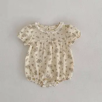 Ilkbahar Yaz Kız Çiçek Yumuşak Pamuk Keten Elbise Bebek Kız Kolsuz Romper Bebek Kız Tek parça bebek giysisi 0-2Y