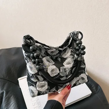 Kadın Çiçekler keten çantalar Vintage Jakarlı omuzdan askili çanta Bayan Tasarımcı Lüks Tote Bez Kumaş Çanta Koltukaltı Çanta