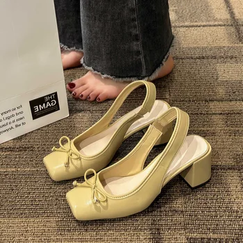 2023 Bahar papyon Kare Kafa Kalın Topuk Moda Tek Ayakkabı Mary Jane Yüksek Topuk kadın Çantası Kafa Geri Boş Sandalet