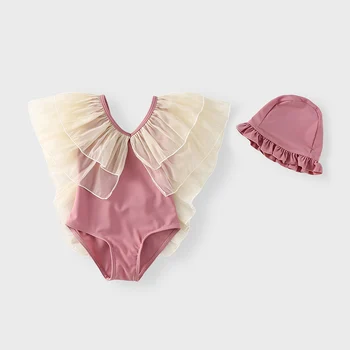 Çocuk Kız Mayo Tek parça Katı Ruffled V Yaka Yüzme Mayo Plaj Çocuk Mayo Bebek Kız yaz giysileri