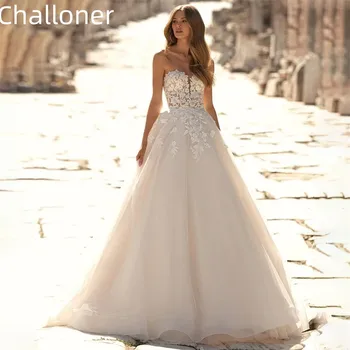 Challoner Plaj Straplez A-Line düğün elbisesi Kolsuz Dantel Aplikler Backless gelinlikler Kat Uzunluk Vestidos De Novia
