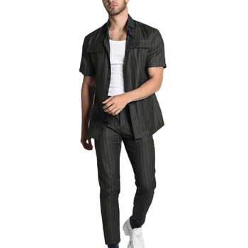 Zarif Erkek Takım Elbise Siyah Çizgili Yaz Kısa Kollu Ceket Uzun Pantolon ile 2 Parça Takım Elbise Rahat Günlük Giyim için Özel Yapılmış Setleri