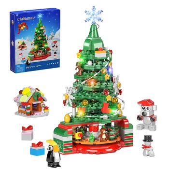 Kış Noel Ağacı oyuncak inşaat blokları seti ışık kiti ve Mini Kış Evi Kardan Adam 547 Adet Noel Süslemeleri için