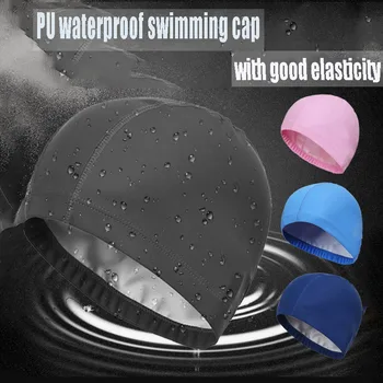 Erkekler ve kadınlar için PU yüzme şapkası, su geçirmez, yüksek elastik kulak koruyucu, uzun saç, mavi kafa, kaplıca yüzme şapkası