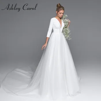 Ashley Carol Uzun Kollu düğün elbisesi 2023 Saten V Yaka Backless Backless Basit A-Line gelinlik Prenses Vestidos De Novia