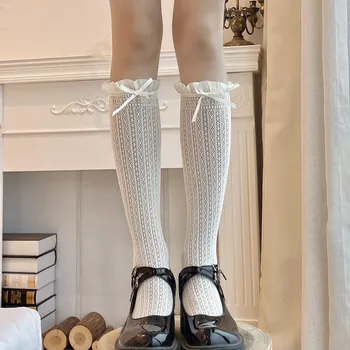 Kadın Örgü Japon Retro Gotik Yaylar Fırfır Çorap Kızlar Sevimli Kawaii JK Lolita Beyaz Siyah Dantel Diz Yüksek Uzun Çorap