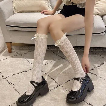 Kadın Örgü Japon Retro Gotik Yaylar Fırfır Çorap Kızlar Sevimli Kawaii JK Lolita Beyaz Siyah Dantel Diz Yüksek Uzun Çorap