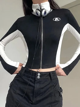 Y2K Kadın Sonbahar Kış Standı Yaka Zip-Up Atletik Ceket Kontrast Renk Mektup Vintage yarış ceketi Blokecore Giysileri