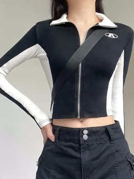 Y2K Kadın Sonbahar Kış Standı Yaka Zip-Up Atletik Ceket Kontrast Renk Mektup Vintage yarış ceketi Blokecore Giysileri