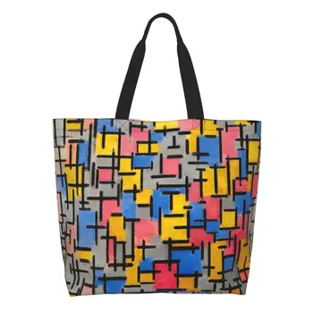 Komik Kompozisyon Piet Mondrian bez alışveriş çantası Yeniden Kullanılabilir De Stijl Soyut Sanat Tuval Bakkal Omuz Alışveriş Çantası