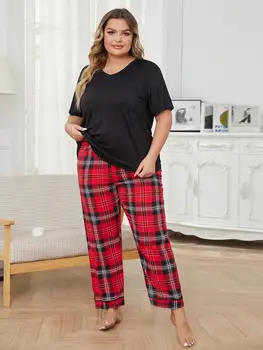 Artı Boyutu Kısa Kollu V Boyun Pijama Set Katı Üst & Pliad Uzun Pantolon 2 Parça Pijama Kadın Kıyafeti Homwear Giyim
