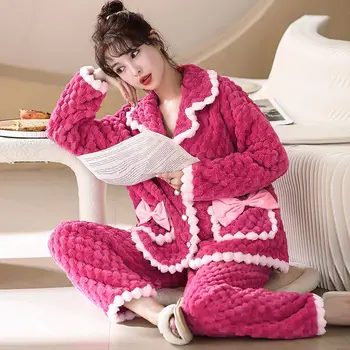 2023 Yeni Pijama kadın Kış Seti Pazen Sonbahar Kış Büyük Boy Salonu Tatlı Öğrenci Kalınlaşmış Mercan Polar Ev Tekstili
