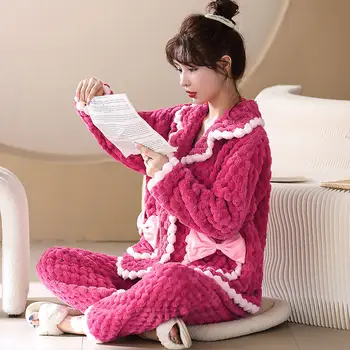 2023 Yeni Pijama kadın Kış Seti Pazen Sonbahar Kış Büyük Boy Salonu Tatlı Öğrenci Kalınlaşmış Mercan Polar Ev Tekstili