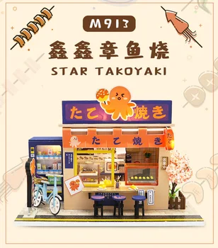 Dollhouse Osaka Takoyaki El Yapımı DIY Ahşap Japon Takoyaki Gurme Dükkanı Yapı Kitleri ile Mobilya Bebek Evi Kiti Oyuncaklar