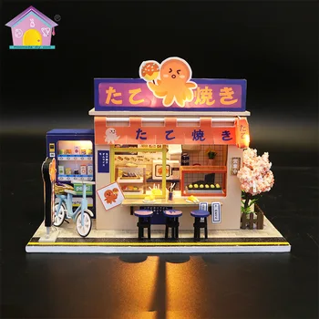 Dollhouse Osaka Takoyaki El Yapımı DIY Ahşap Japon Takoyaki Gurme Dükkanı Yapı Kitleri ile Mobilya Bebek Evi Kiti Oyuncaklar