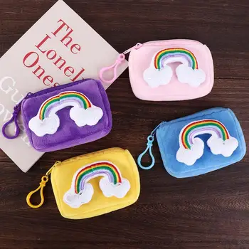 Sevimli Gökkuşağı Peluş Çanta Kare Fermuarlı kart çantası Cüzdan Karikatür Mini bozuk para çantaları Kulaklık Çantası Anahtarlık ile Çocuklar için Hediye