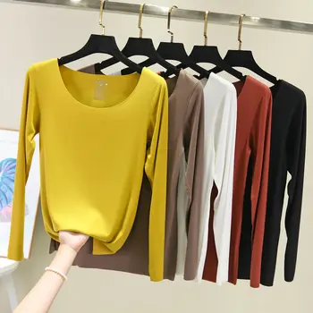 Sonbahar Yeni İplik Dikişsiz Rahat Kesme Üst Yuvarlak Boyun Temel kadın kıyafetleri Uzun Kollu Dip T - shirt Ropa De Mujer