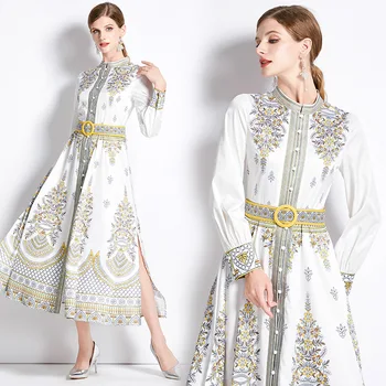 Nervürlü Tasarım ve çentikli uzun Elbise ile Sonbahar Yeni Saray Tarzı Ayakta Boyun Elbise