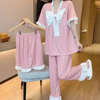 Yay Yaz Pijama Kadınlar için Uzun Pantolon Kısa Kollu Pijama Patchwork Pijama Setleri Takım Elbise 3 Parça Pijama Kore Gecelik 2023