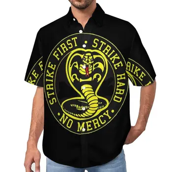 Cobra Kai Strike Sert Gevşek Gömlek Erkek Plaj Merhamet Yok Casual Gömlek Yaz Baskılı Kısa Kollu Streetwear Boy Bluzlar