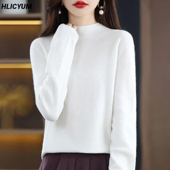 2023 Sonbahar / Kış Yeni kadın Kazak %100 % Saf Yün Kazak Casual Triko Mock boyun Üstleri Gevşek Temelleri Çok Yönlü Bluz