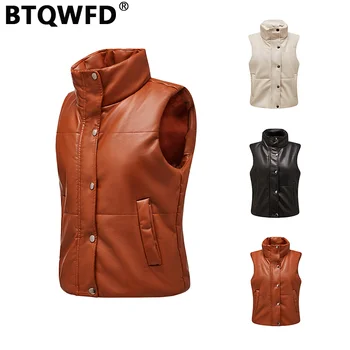 BTQWFD Kadın Giyim Kolsuz Yelekler Sonbahar Kış Deri Kadın Rahat Motosiklet Dış Giyim Moda 2023 Streetwear Fermuar