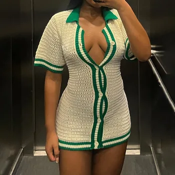 Kadınlar Seksi Hollow Düğme örme elbise Yeşil Çizgi Patchwork Benzersiz Sıkı Mini Elbise Aşağı Yaka Kısa Kollu Bodycon Giyim