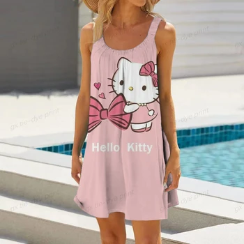 Yaz Seksi Plaj Elbise Kadınlar Yeni Hello Kitty Baskı Zarif Spagetti Kayışı Elbiseler Kadın Giyim Vestidos Mujer Verano